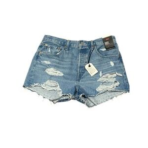 Levis 501 Shorts Women Blue Distressed High Rise Cutoff Frayed Hem Button Sz 31